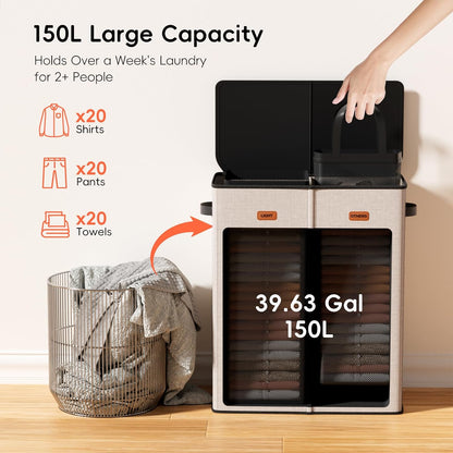 185L Laundry Hamper 3 Section, Laundry Hamper with Lid, Dirty Clothes Hamper with 3 Removable Washing Bags, Extra Large Laundry Basket Organizer for Bedroom, Laundry Room, Dorm - Black