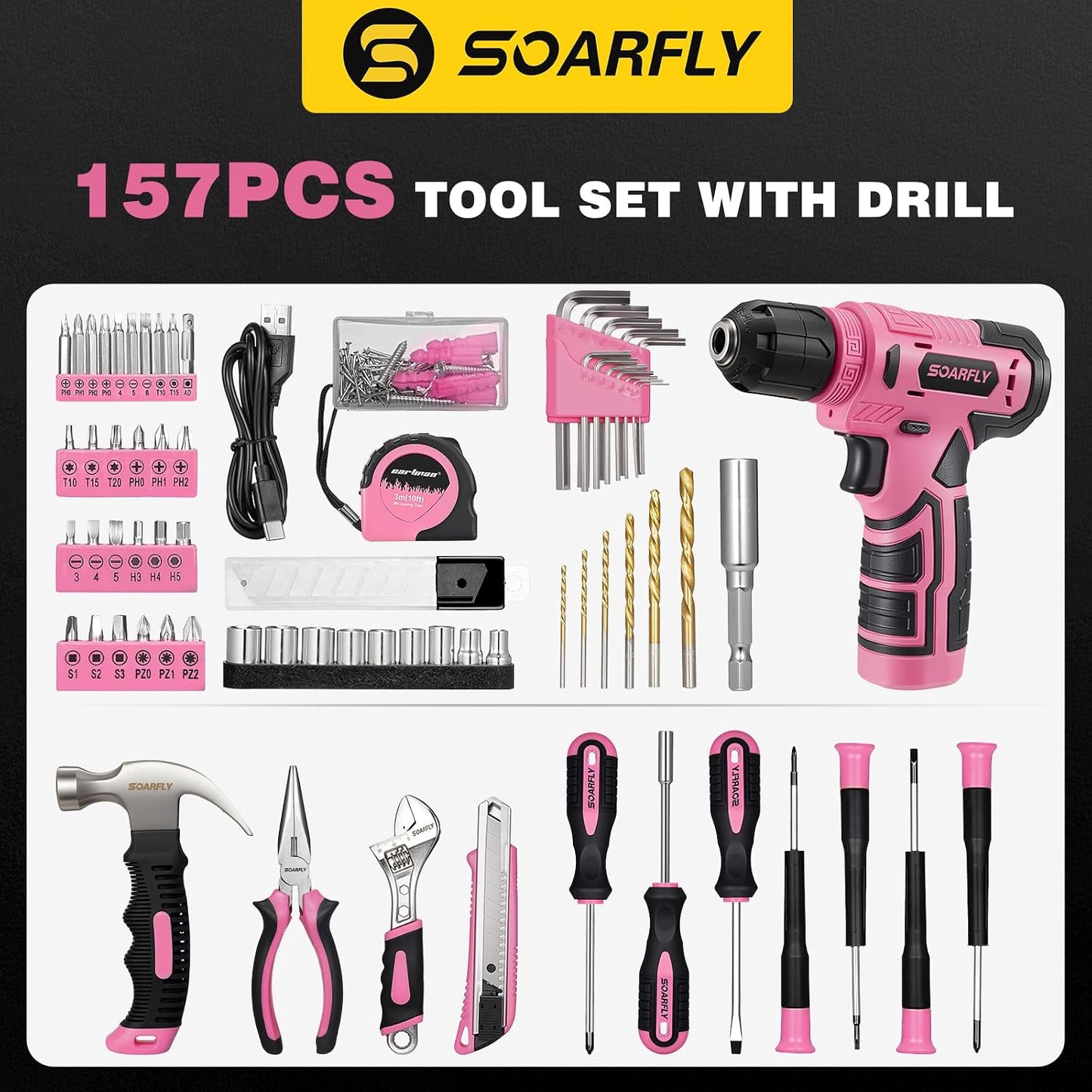 Upgraded 180 Piece Tool Set, Tool Kit with 8V Cordless Drill Set, General Household Hand Drill Kit for Men and Women, Plastic Storage Toolbox for DIYers, Home Maintenance and Everyday Repairs(Orange)
