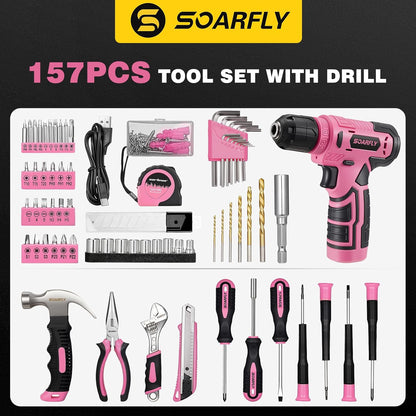 Upgraded 180 Piece Tool Set, Tool Kit with 8V Cordless Drill Set, General Household Hand Drill Kit for Men and Women, Plastic Storage Toolbox for DIYers, Home Maintenance and Everyday Repairs(Orange)
