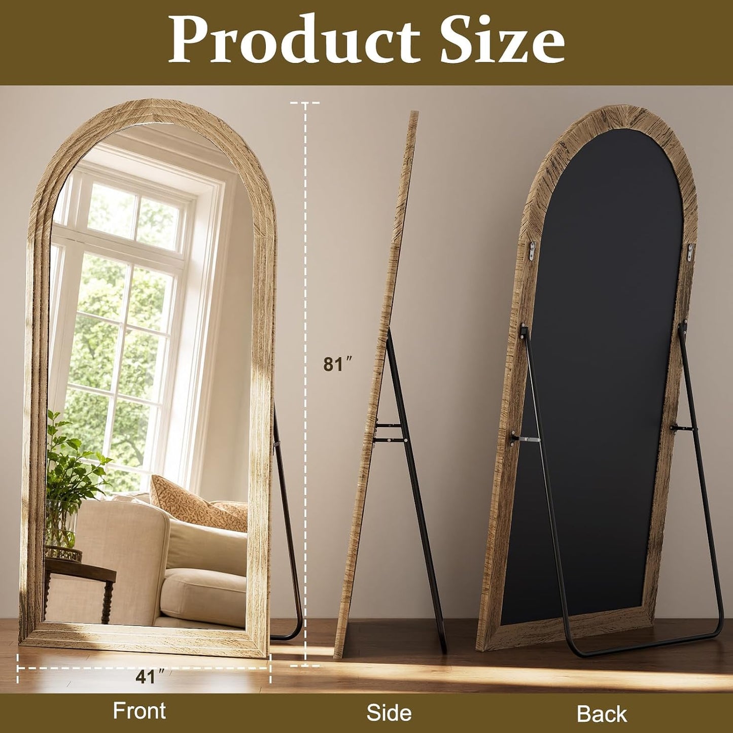 XRAMFY Full Length Mirror 65" x 22", Arched Large Floor Mirror with Solid Wood Frame, Freestanding & Wall Mounted, Antique Brown Finish for Bedroom Living Room
