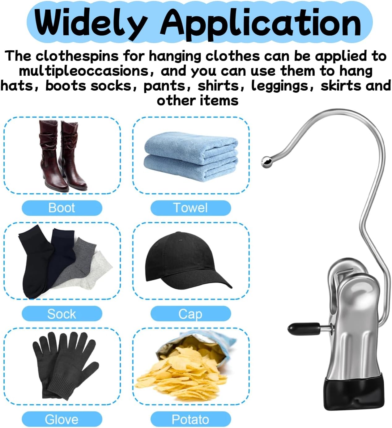 100 Pack Heavy Duty Boot Hanger Clips, Stainless Steel Laundry Hooks with Silicone Clip for Hanging Boots, Pants, Socks, Towels - Space Saving Closet Organizer for Travel & Home