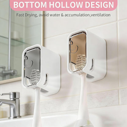 Wall Mounted Toothbrush Holders with Cover for Shower, 2PCS Single Slot Toothbrush Dispenser Storage Organizer for Bathroom, Family & Travel Use (Gray+Brown)