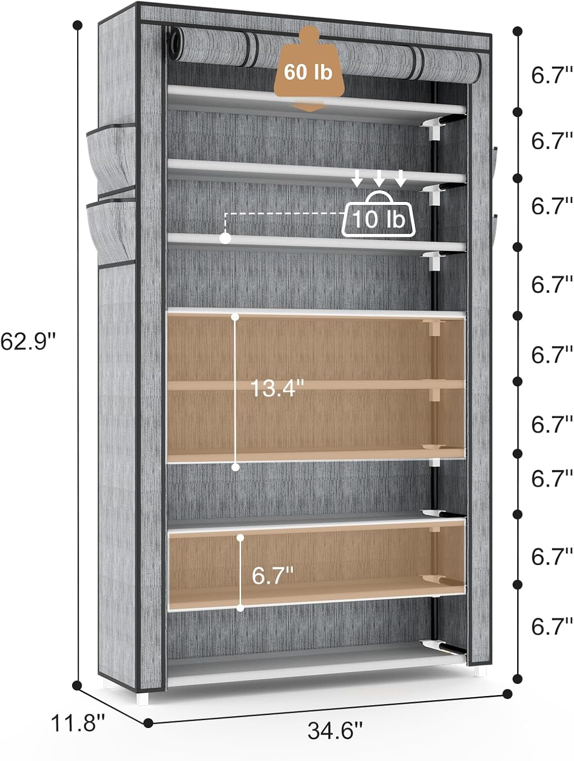 VILICK Shoe Rack with Cover Narrow Shoe Organizer with 4 Side Pockets 10 Tier Tall Shoe Storage Holds 18-22 Pairs Shoes and Boots Shoe Rack for Closet Entryway Garage