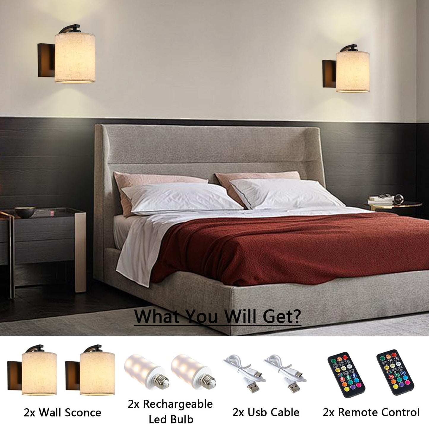Battery Operated Wall Sconce Set of 2, Brushed Gold Rechargeable Wall Lights with Remote Control and Dimmable LED Bulbs, 13 Light Colors Wireless Wall Lamps for Bedroom Living Room Hallway (Gold)