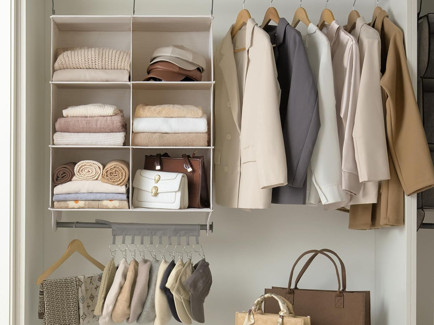 StorageWorks Hanging Closet Organizer with Metal Rod, 4-Section Closet Organizers and Storage, Collapsible Hanging Shelves for Baby Clothes, Shoes, Sweater Storage, Ivory and White