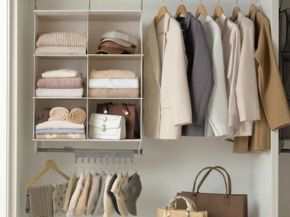 StorageWorks Hanging Closet Organizer with Metal Rod, 4-Section Closet Organizers and Storage, Collapsible Hanging Shelves for Baby Clothes, Shoes, Sweater Storage, Ivory and White