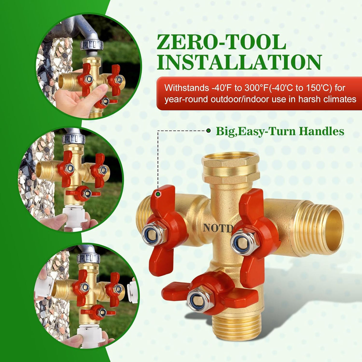 Hose Splitter 2 Way Heavy Duty Brass Garden Hose Splitter with 304 Stainless Steel Long Handle Outdoor Full Flow Hose Splitter Connector,Y Valve 3/4 Inch GHT Thread