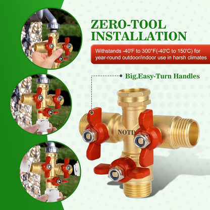 Hose Splitter 2 Way Heavy Duty Brass Garden Hose Splitter with 304 Stainless Steel Long Handle Outdoor Full Flow Hose Splitter Connector,Y Valve 3/4 Inch GHT Thread