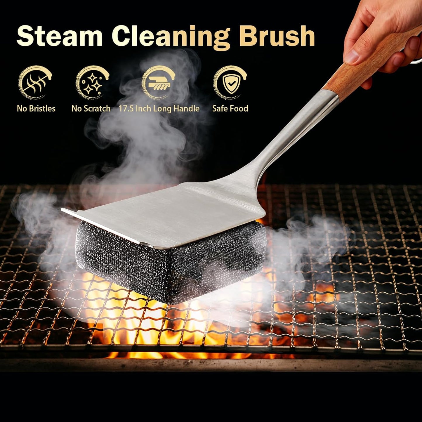 GrillChef Bristle Free Grill Brush, BBQ Steam Cleaning Brush with 2 Replacement Heads, Extra Long Wood Handle, Safe Grill Cleaner for Outdoor Grills, Gift Box Design for Dad Men