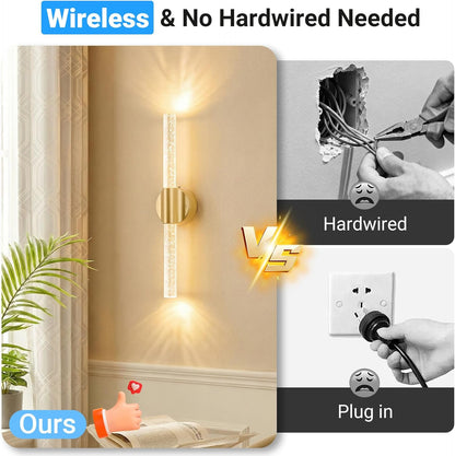 Peel and Stick on Gold Battery Operated Wall Sconces Set of 2, Rechargeable Magnetic Linear Wall Lights for Bedroom, Wireless Sconces with Remote&Touch Control, 3CCT&Dimmable Wall Lamp for Living Room