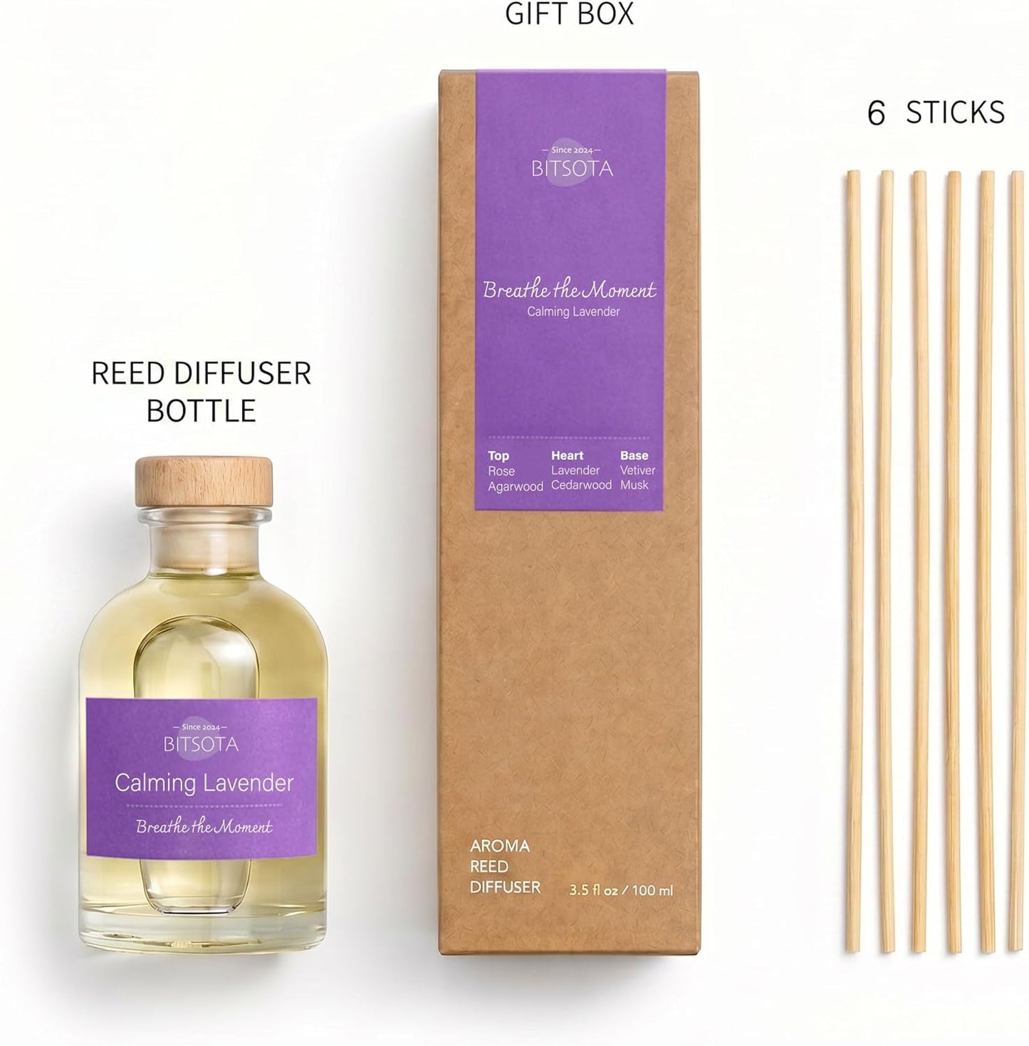 Natural Reed Diffuser Set, Fresh Lemon 3.52 oz (100ml) Scented Diffuser with Sticks Home Fragrance Reed Diffuser for Bathroom Shelf Decor, Ideal Gift for Woman