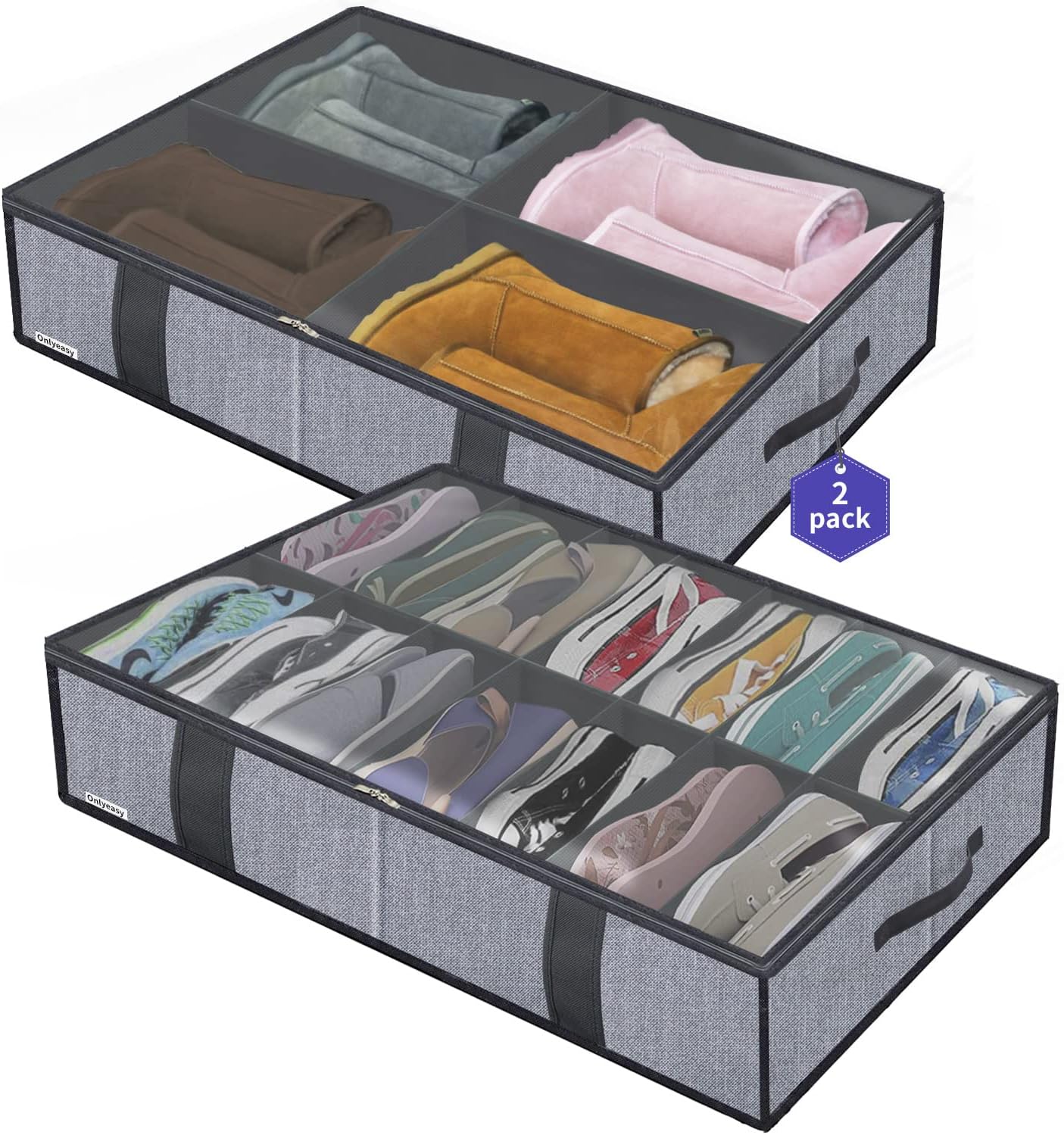 Onlyeasy Sturdy Under Bed Shoe Storage Organizer, Set of 2, Fit 12 to 24 Pairs, Underbed Shoes Closet Storage Solution with Clear Window, Breathable, L29.3 x W23.6 x H5.9, Linen-like Black, MXAUBSB2P