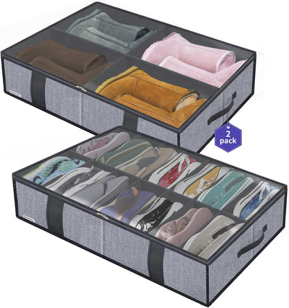Onlyeasy Sturdy Under Bed Shoe Storage Organizer, Set of 2, Fit 12 to 24 Pairs, Underbed Shoes Closet Storage Solution with Clear Window, Breathable, L29.3 x W23.6 x H5.9, Linen-like Black, MXAUBSB2P