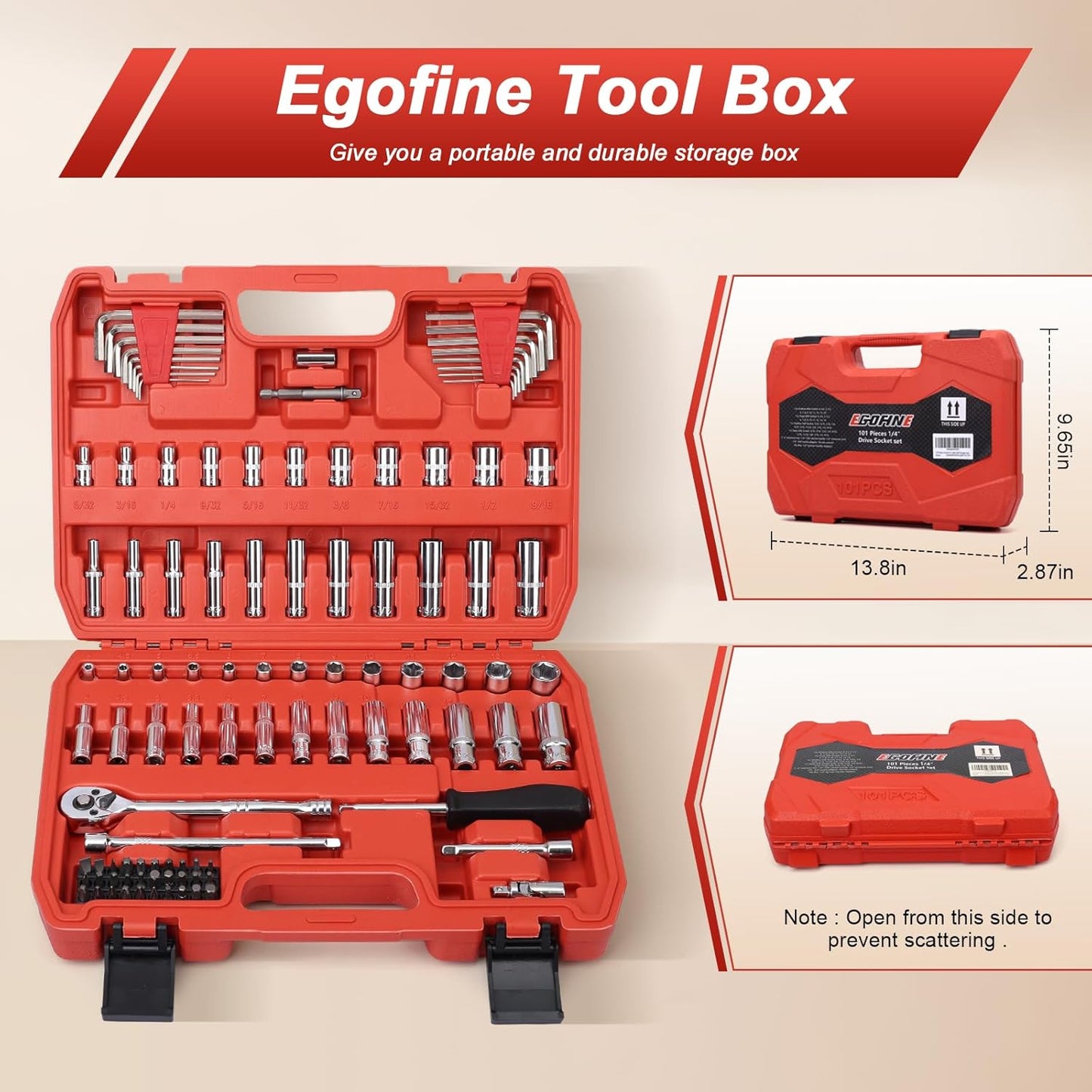 Egofine 46 Pieces 1/4 inch Drive Socket Ratchet Wrench Set, with Bit Socket Set Metric and Extension Bar for Auto Repairing and Household, with Storage Case