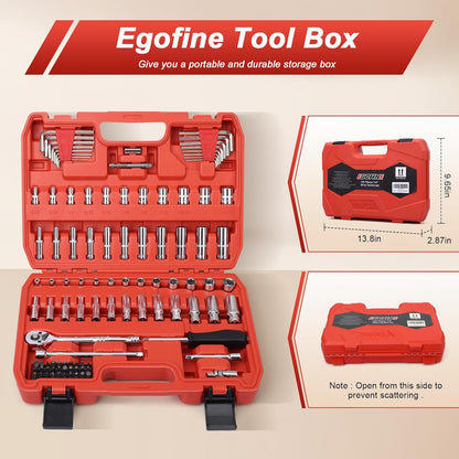 Egofine 46 Pieces 1/4 inch Drive Socket Ratchet Wrench Set, with Bit Socket Set Metric and Extension Bar for Auto Repairing and Household, with Storage Case