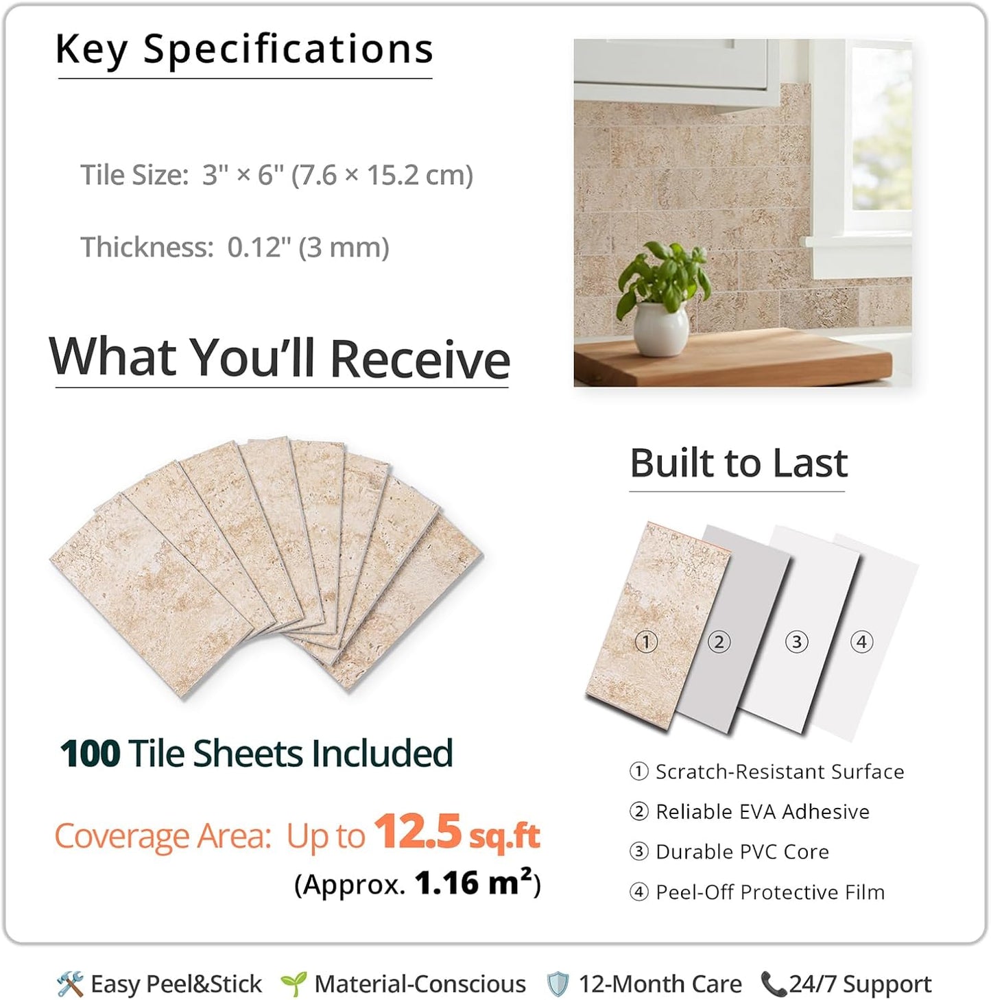 StyloVue 100 Pieces Peel and Stick Backsplash for Kitchen, 3" x 6" PVC Subway Tile, Glossy White with Dark Gray Grout, Self Adhesive Stick on Wall Tiles for Kitchen, Bathroom, Fireplace, RV