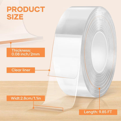 FlyCoco Double Sided Tape Heavy Duty Removable Wall Tape, Multipurpose Strong Clear & Tough Nano Mounting Adhesive for Home Office Wall Decor, Poster Hanging, DIY Projects, Carpet, Automotive Trim