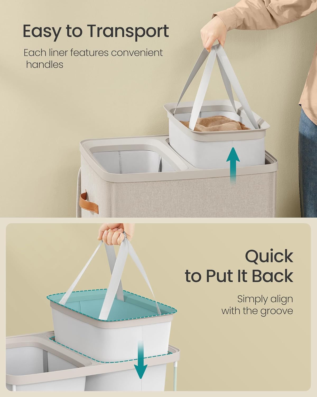 SONGMICS Laundry Basket, 50.2 Gal. Laundry Hamper, 3 Compartments, Easy Assembly, with Lid and Handles, Removable Liners, 25.2 x 15.7 x 29.5 Inches, Cappuccino Beige ULCB814LH01