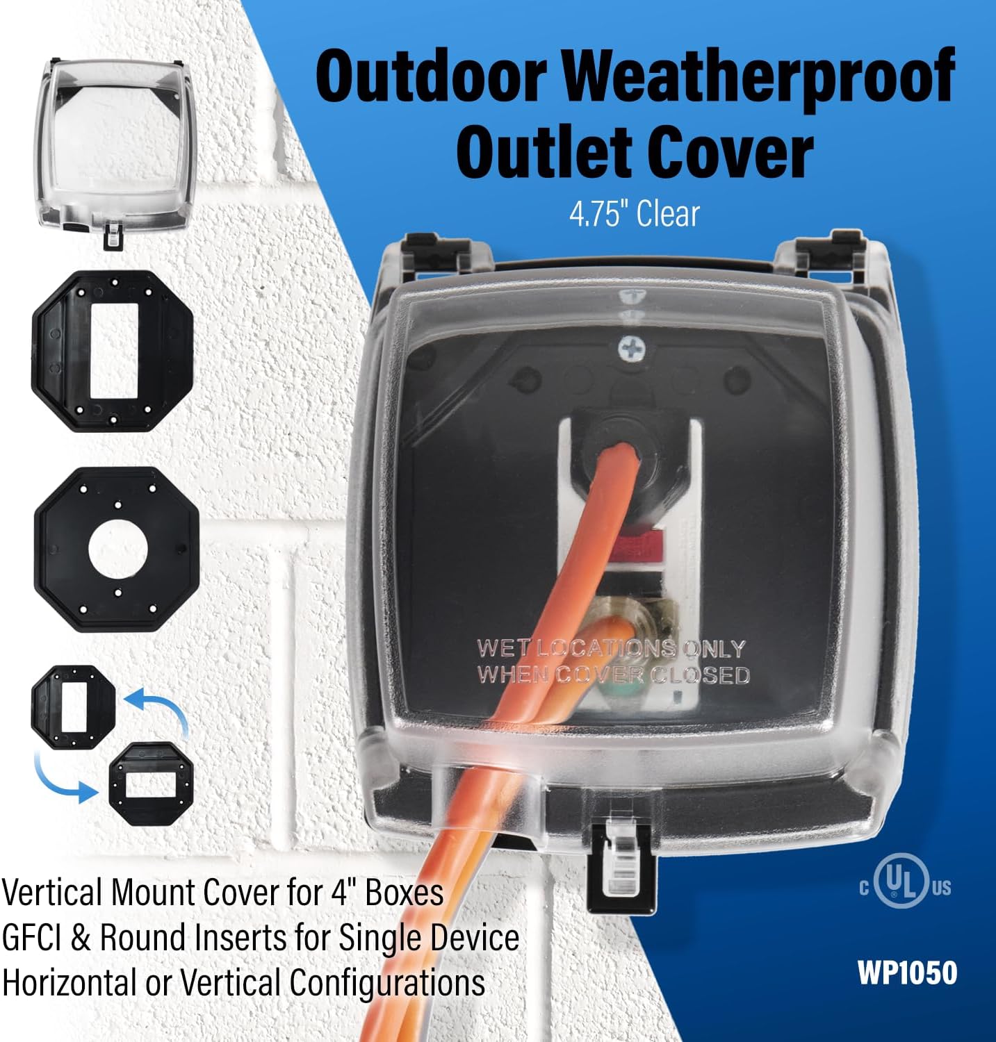 Intermatic WP1020C 2-1/4” Deep Weatherproof Outlet Cover – UV Stabilized Clear, GFCI & Duplex, Vertical Mount, UL Certified – Fits Single Device Only for Larger Double-Gang 4” x 4” Boxes