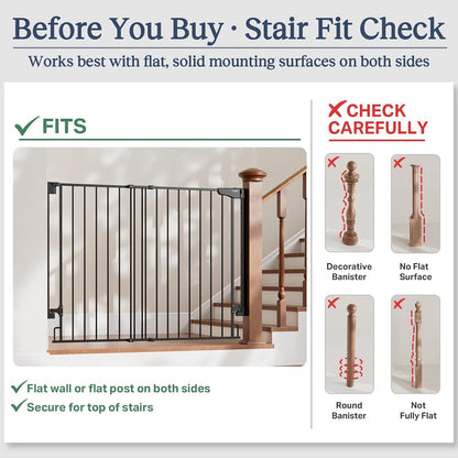 Cumbor 29.2–43" Baby Gate for Stairs, Hardware Mounted (Drill Required), Expandable No Bottom Bar Dog Gate, Auto Close Extra Wide Walk Thru, Pet & Toddler Proof Gate, Top & Bottom of Stairways (White)