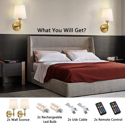 Battery Operated Wall Sconce Set of 2, Brushed Gold Rechargeable Wall Lights with Remote Control and Dimmable LED Bulbs, 13 Light Colors Wireless Wall Lamps for Bedroom Living Room Hallway (Gold)