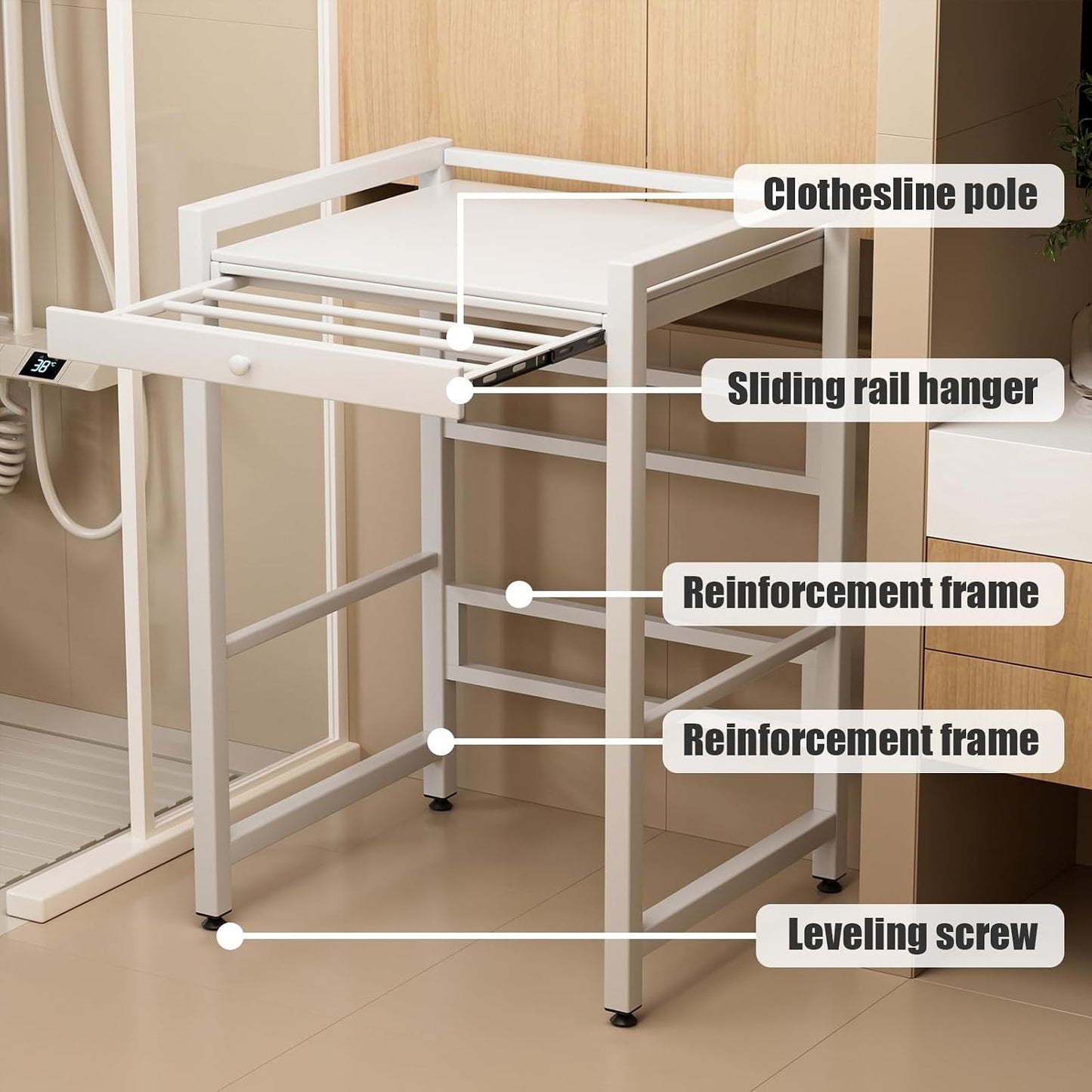 Washer Dryer Shelf Over The Washer Storage Shelf, Washing Machine Storage Utility Rack with Countertop, Height Adjustable Washing Machine Storages Stand White
