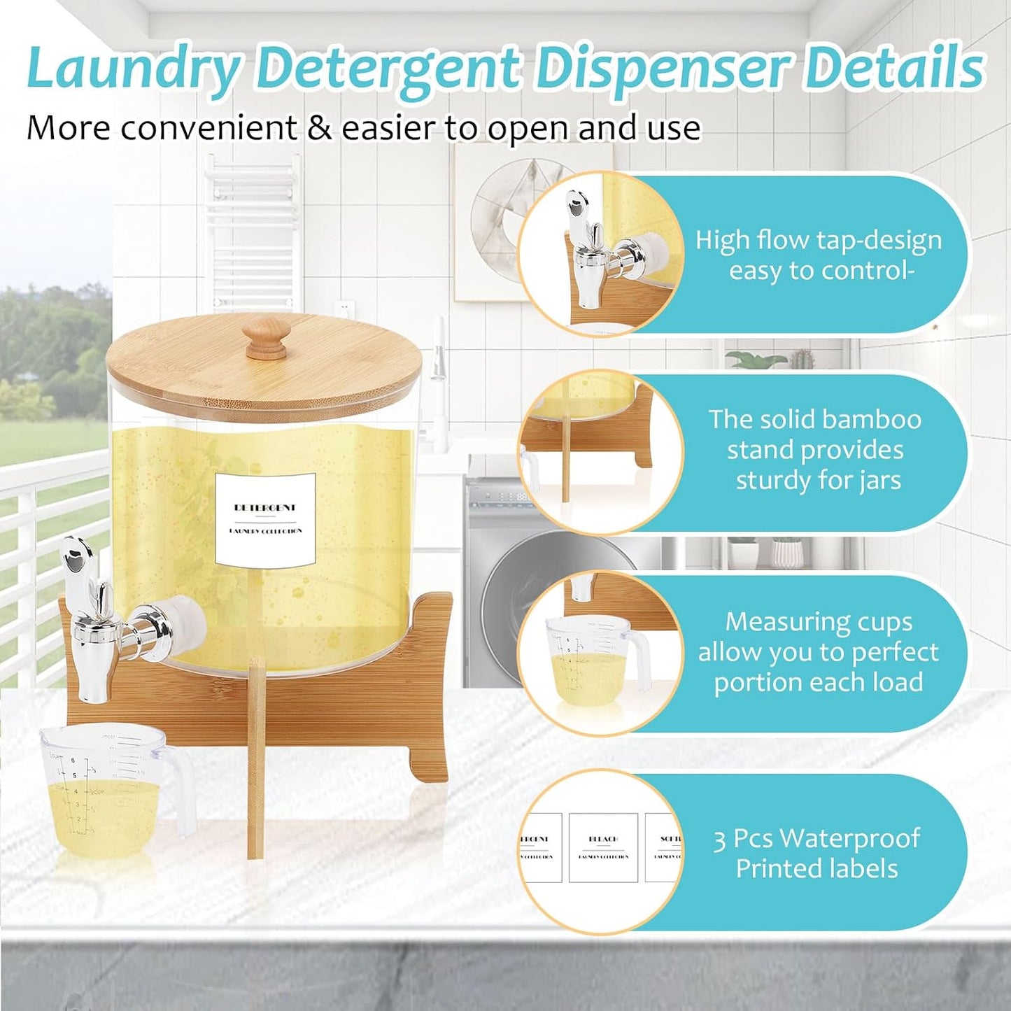 2.5L Laundry Detergent Dispenser, Laundry Liquid Dispenser with Stainless-Steel Tap, Liquid Soap Fabric Softener Container for Laundry Room (Round Large)