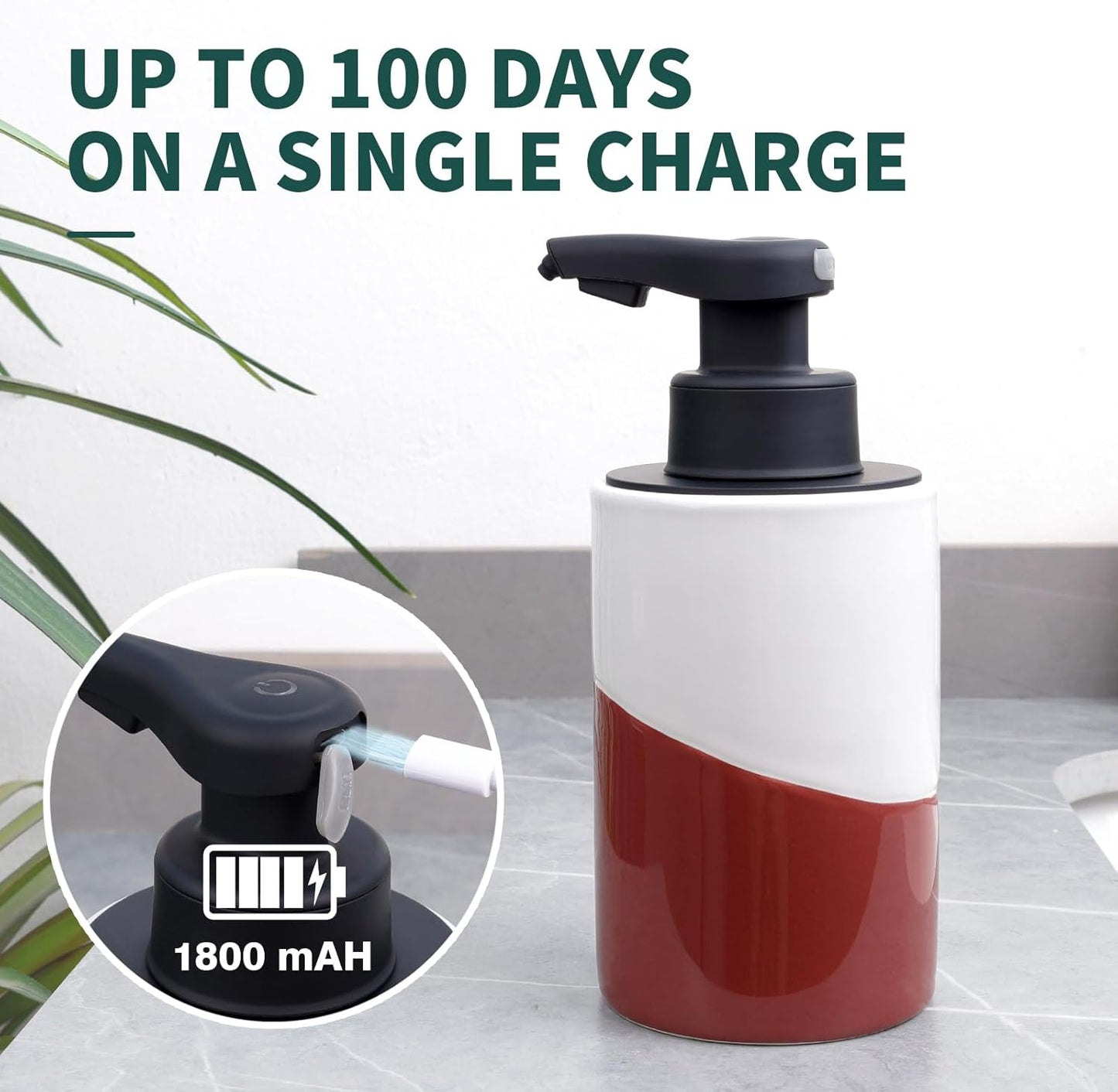 BosilunLife Automatic Soap Dispenser Ceramic Hand Free Soap Dispenser with Waterproof Pump Rechargeable Smart Electric Lotion Soap Dispenser Touchless (White-Green, Foam Pump)