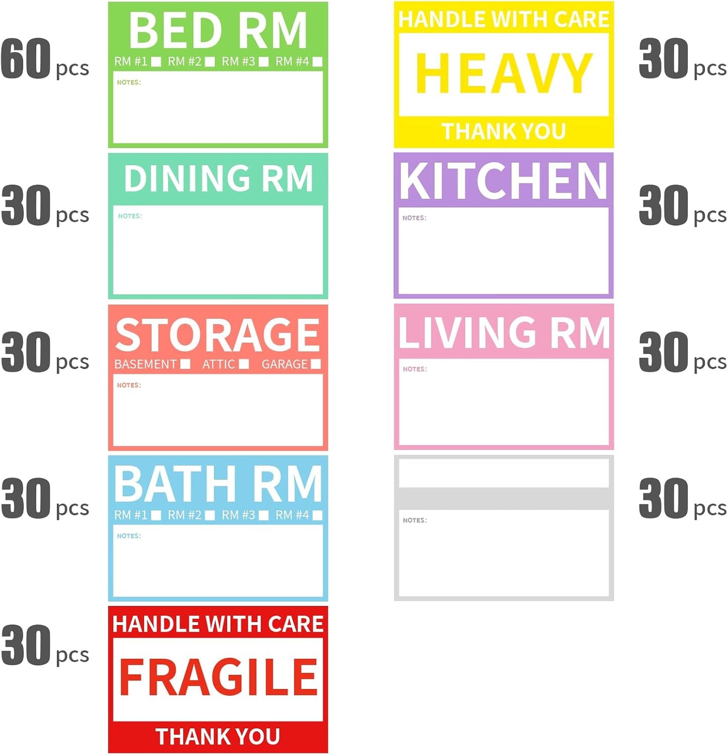 Ououstate 300 Count 2” x 3’’ Removable Home Moving Box Packing Labels for 1/2/3/4 Bedroom Rooms, 9 Designs Waterproof Color-Coded Moving Stickers Including Fragile 、Heavy and Blank Labels