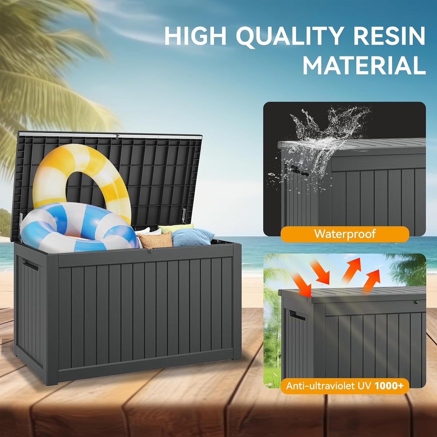 NUNU LAB Outdoor Storage Box, 45 Gallon Outside Deck Box Waterproof, Resin Outdoor Storage Cabinet With Lockable Lid, Backyard Storage Bench For Garden Tools, Patio Cushions, Pool Tools, Black
