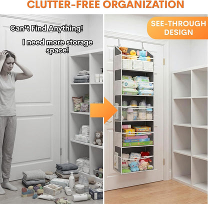 Over The Door Organizer, 5-Tier Extra Large Behind Door Storage with 10 Big Front & 10 Mesh Pockets, 80lb Capacity, Hanging Storage Organizer with Clear Window Kids Toys, Shoes, Diapers, Light Grey