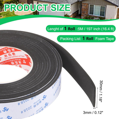 PATIKIL Sponge Rubber Foam Tape, 5/8" W x 1/8" t x 16.4ft l Self-Adhesive Foam Insulation Tape Weather Stripping for Window Door Soundproofing Weatherstrip AC Seal Strip, Black