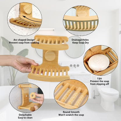 Suction Cup Soap Dish for Shower，Bamboo Soap Dish Holder for Shower, Suction Cup NO-Drilling, Self Draining for Bathroom，Natural Bamboo Color (Double soap Holder, Rectangular)