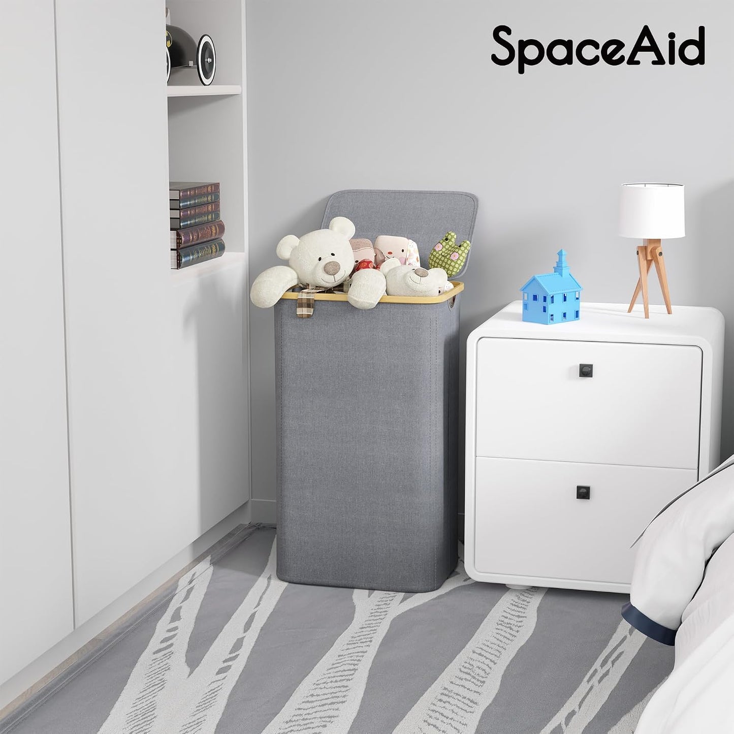 SpaceAid Double Laundry Hamper 2 Section with Lid and Removable Laundry Bags, 160L Clothes Basket with Bamboo Handles, Large Collapsible Hamper for Bedroom, Bathroom, Dorm, Laundry Room - White