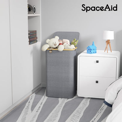 SpaceAid Double Laundry Hamper 2 Section with Lid and Removable Laundry Bags, 160L Clothes Basket with Bamboo Handles, Large Collapsible Hamper for Bedroom, Bathroom, Dorm, Laundry Room - White