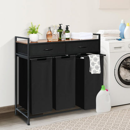 Laundry Hamper 3 Section, 150L Rolling Laundry Sorter Basket with 2 Shelves and 2 Drawers, 3 Compartment Clothes Organizer Cart with Wheels, Pull-Out Bags for Laundry Room, Bathroom, Bedroom