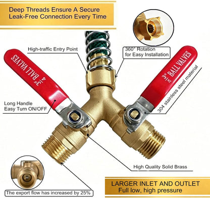 3/4 Inch Brass Y Garden Hose Splitter, 2-Way Outdoor Water Tap Ball Valve Connector with Individual Shut-Off Long Handles, Heavy-Duty Brass Spigot Diverter for Lawn Irrigation, Car Washing