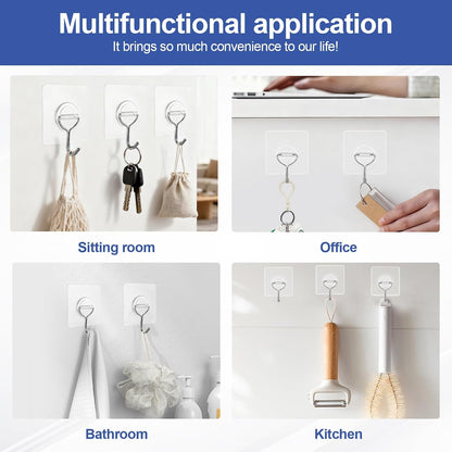 Adhesive Wall Hooks for Hanging Heavy Duty Coat - 13LBS (Max) Transparent Waterproof Hook Multiple Uses Stainless Steel Hooks for Shower Kitchen Bathroom Office Utility Hook 10 Pack