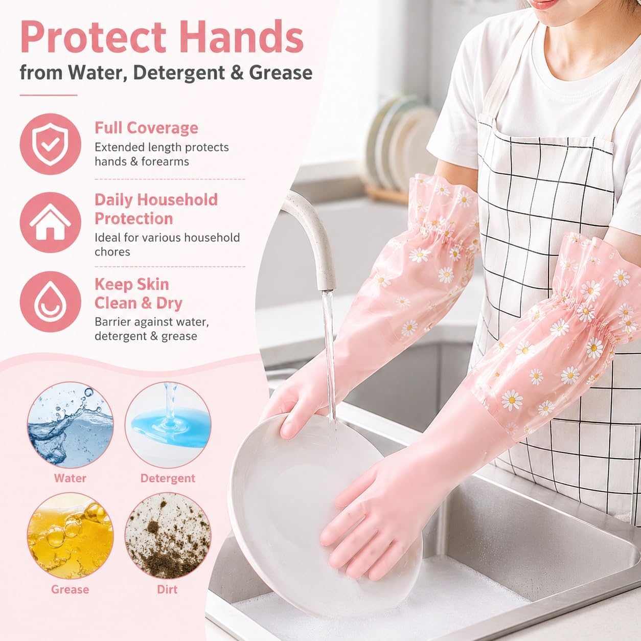 Dishwashing Cleaning Gloves Waterproof Tear-Resistant Household Rubber Cleaning Gloves with Long Elastic Cuffs