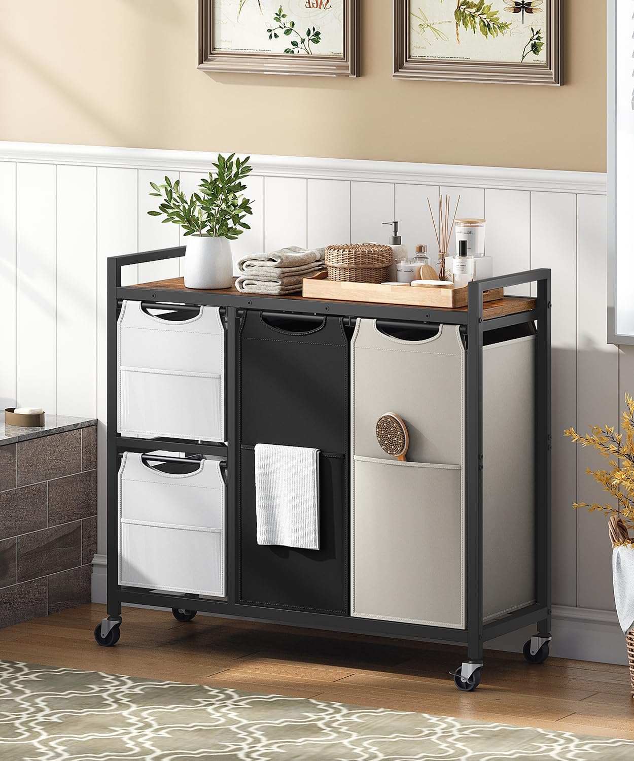 HOOBRO Laundry Sorter with 4 Section, 34 Gal. (127 L) Laundry Hamper with Wheels, Rolling Laundry Basket with Shelves, Pull-Out Detachable Bags, Side Pockets, White, Natural and Beige WNE14XY01N1