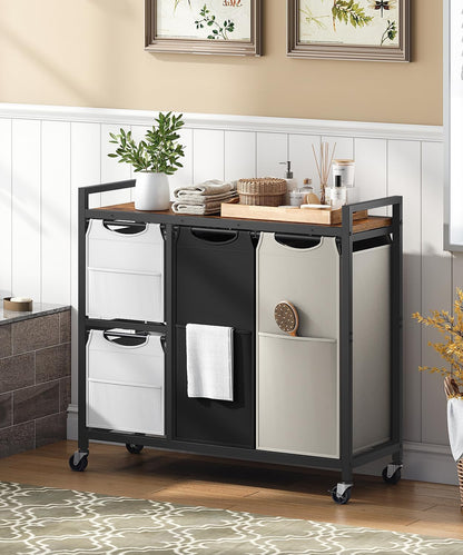 HOOBRO Laundry Sorter with 4 Section, 34 Gal. (127 L) Laundry Hamper with Wheels, Rolling Laundry Basket with Shelves, Pull-Out Detachable Bags, Side Pockets, White, Natural and Beige WNE14XY01N1
