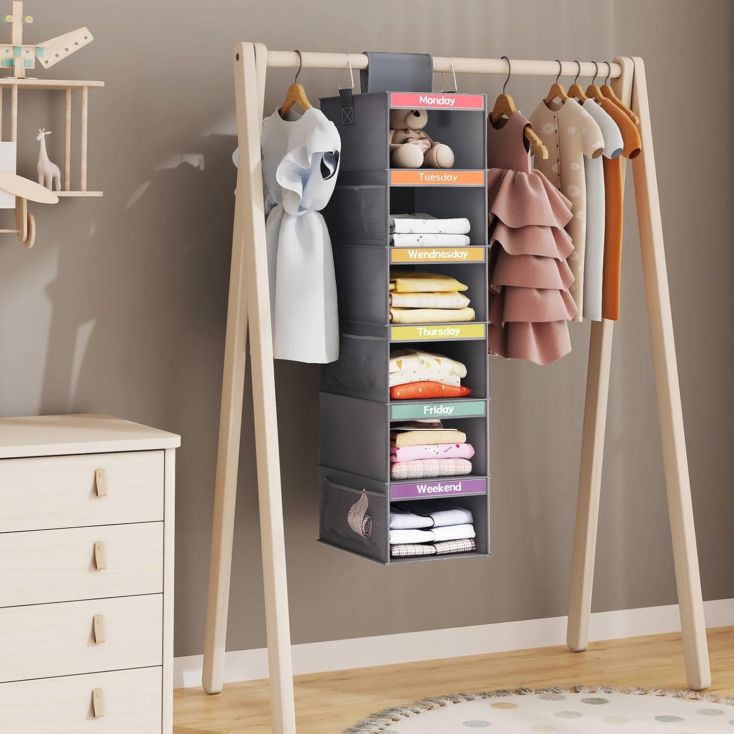 Fixwal 6-Shelf Weekly Clothes Organizer for Kids, Kids Daily Shelf Hanging Closet Organizer with 6 Side Pockets, Days of The Week Hanging Storage Shelves (Pink)