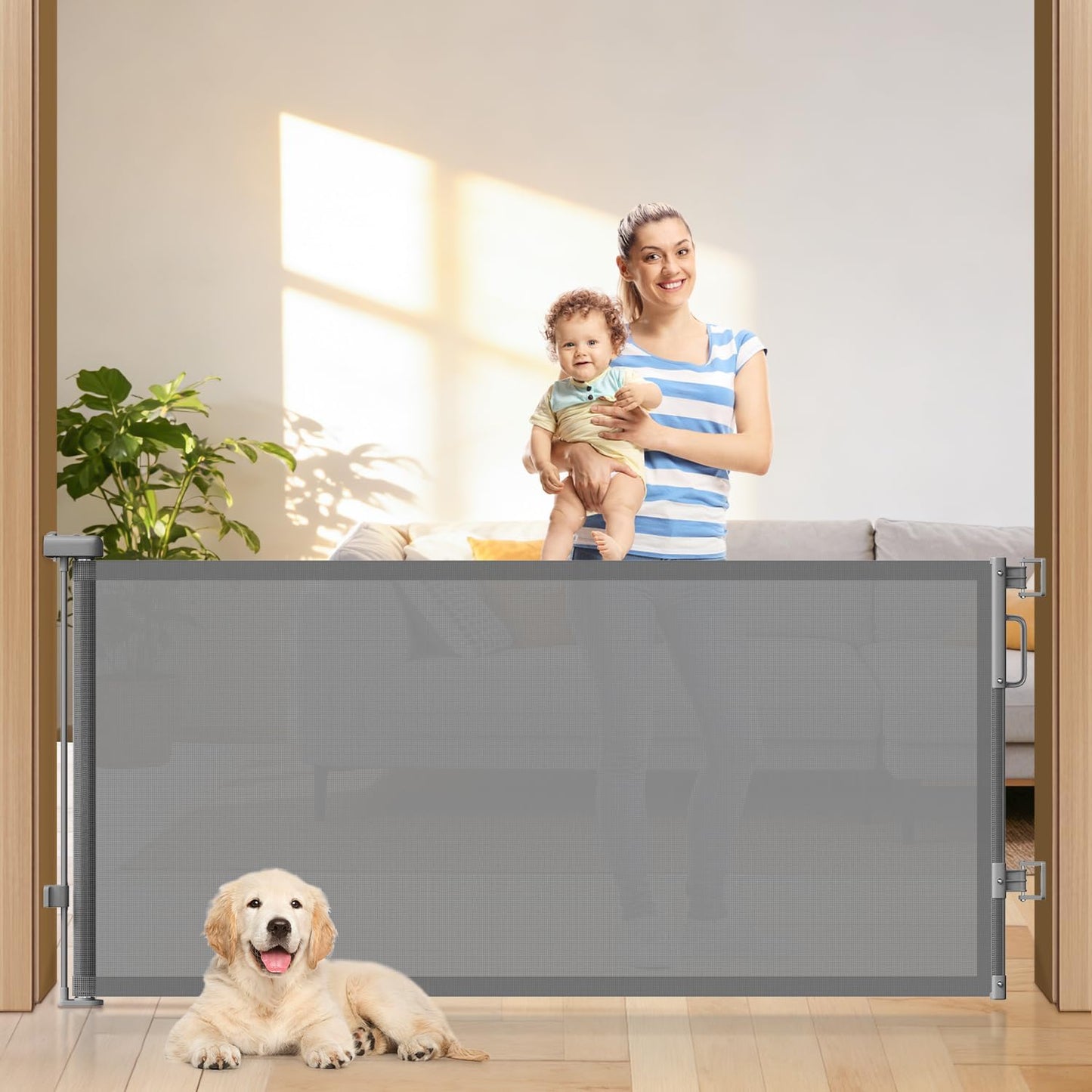 Retractable Baby Gates for Doorways, 58" Extra Wide Mesh Child Dog Gate for Stairs, 34" Tall Toddler Pet Gate Indoor and Outdoor, Easy Install, Essential for Home Safety, Black