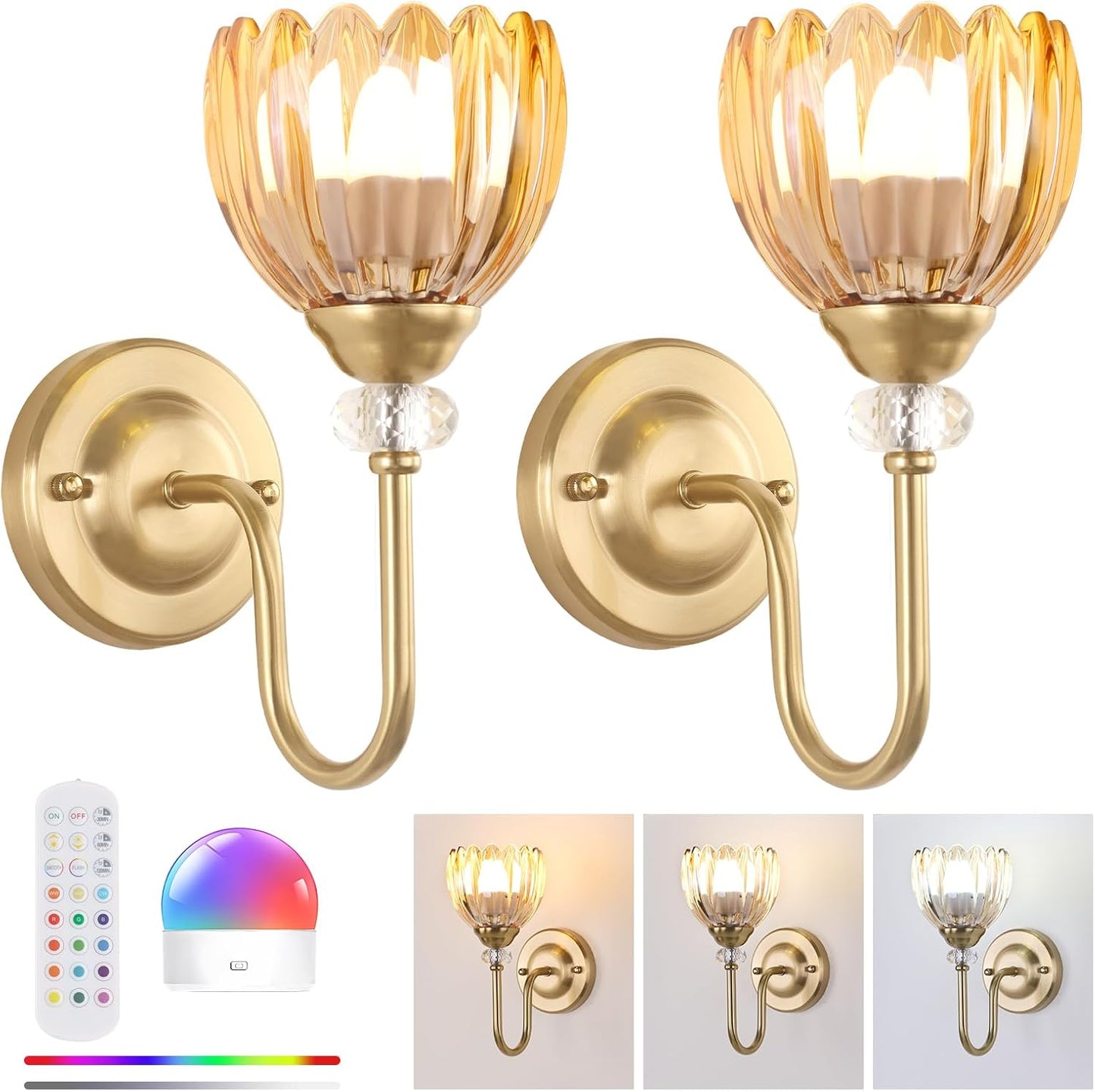 Set of 2 Vintage Battery Operated Wall Sconce, Rechargeable Wall Lamp with 5000mAh Battery & Remote Control, Dimmable Wall Lights with tulip shade for Bedroom Bathroom Living Room, (Tulip Amber Up)