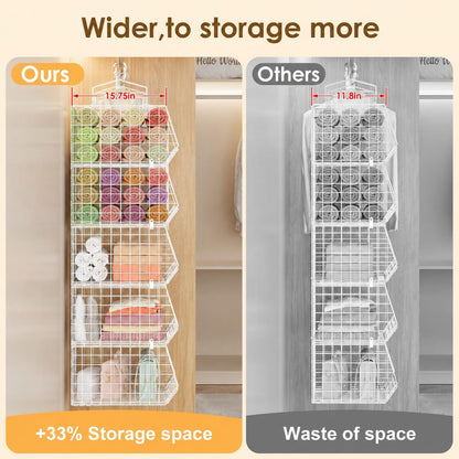 8-Tier Extended Depth Hanging Closet Organizers and Storage for Closet System, Stackable Closet Shelves with 4 Adjustable Dividers for Clothes Sweaters Purses, Wire Hanging Basket Fits Closet Laundry