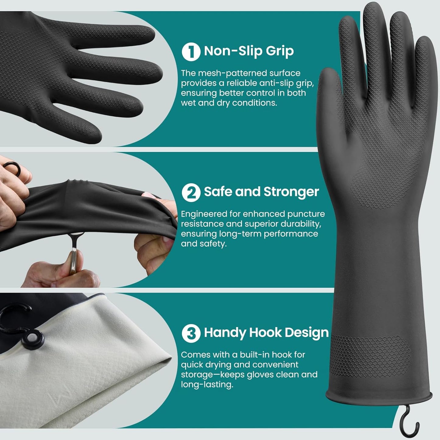 4 Pairs Rubber Dishwashing Gloves with Hanging Hooks - Reusable Cleaning Gloves for Kitchen & Household, Non-Slip, Durable and Flexible (Medium, 4 Colors: Black, Pink, Blue, Purple)