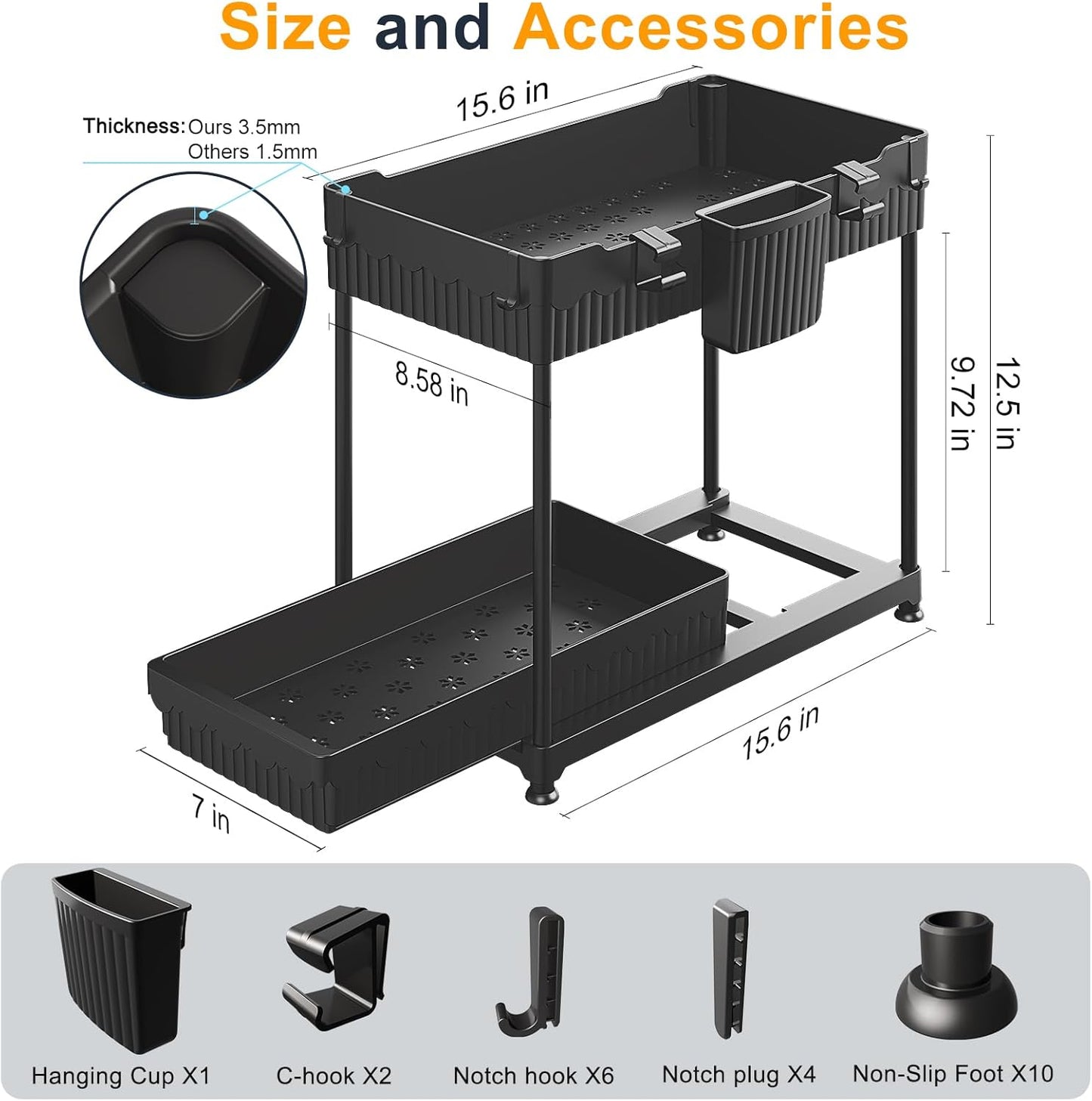 Sevenblue 3 Pack Multi-Purpose Pull-Out Storage Organizers, 2-Tier L-Shaped Under Sink/Cabinet Organizers and Storage for Bathroom & Kitchen, (Black, 12.85 Inches)