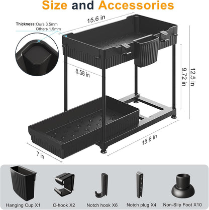 Sevenblue 3 Pack Multi-Purpose Pull-Out Storage Organizers, 2-Tier L-Shaped Under Sink/Cabinet Organizers and Storage for Bathroom & Kitchen, (Black, 12.85 Inches)
