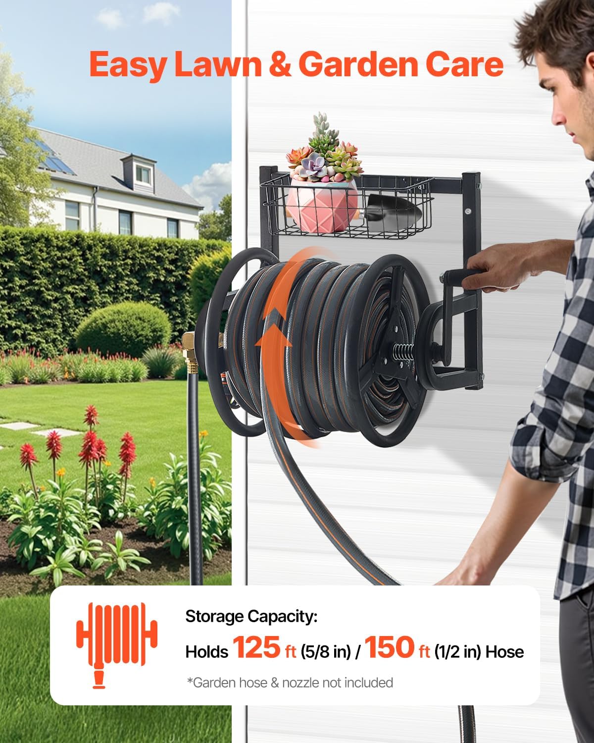 VEVOR Wall Mounted Garden Hose Reel, Holds 125 ft 5/8-inch Hose, Heavy-Duty Water Hose Winder, Space-Saving Design, Outdoor Manual Reel with Brass Fitting and Storage Basket for Yard Lawn