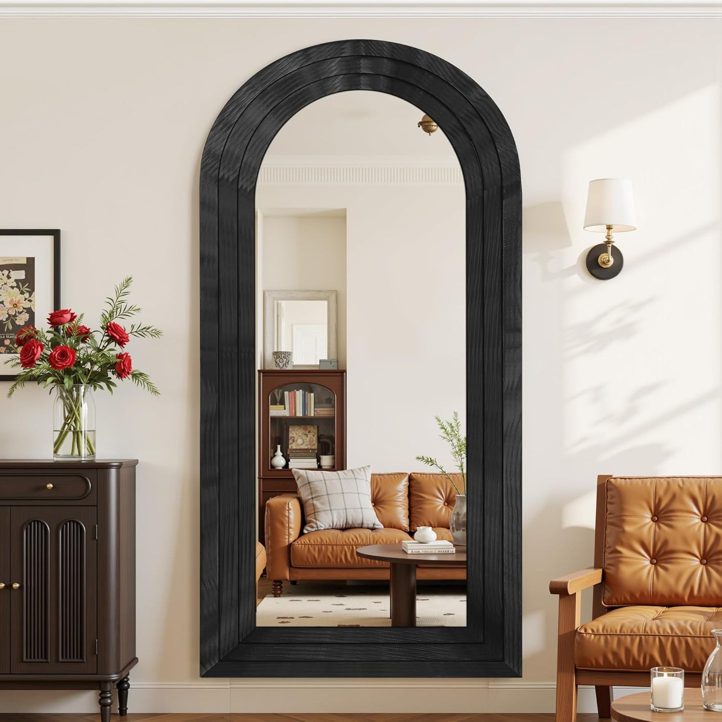 Antok Full Length Mirror with Solid Wood Frame, 71"×32" Wall Mounted Oversized Floor Mirror with Stand, Leaning Standing Hanging for Bedroom Living Room Entryway, Walnut, Arched Syle